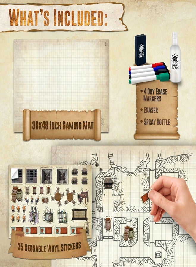 Melee Mats مجموعة خرائط بداية لعبة الاشتباك المباشر DND - 35 بوصة × 48 بوصة، شبكة أرضيات معركة قابلة للمسح الجاف والرطب لألعاب Dungeons and Dragons - تجربة لعب مثالية على الطاولة مع ملحقات - Image 2